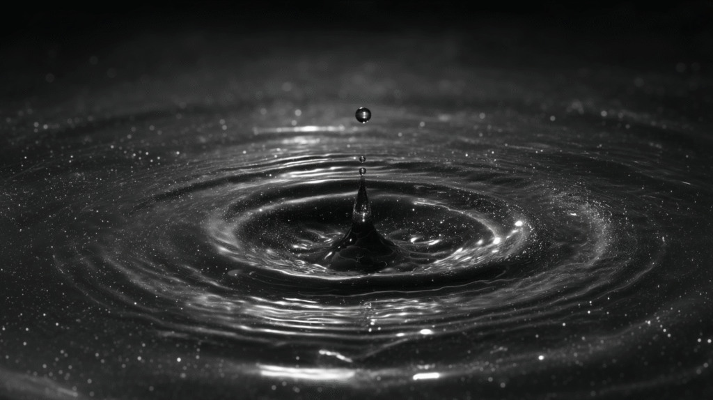 god view minimalist shot of obsidian-black circular water puddle, raindrops falling at golden ratio intervals (0.618s), ripple edges mutating into Mandelbrot fractal coastlines upon boundary contact, final droplet suspended 1μm above surface with quantum tunneling corona effect, hyper-detailed fluid simulation in monochrome mercury-silver palette, anamorphic bokeh streaks refracting inverted classroom constellations, shot on ARRI Alexa 65 with Laowa 24mm Probe lens at 1000fps
