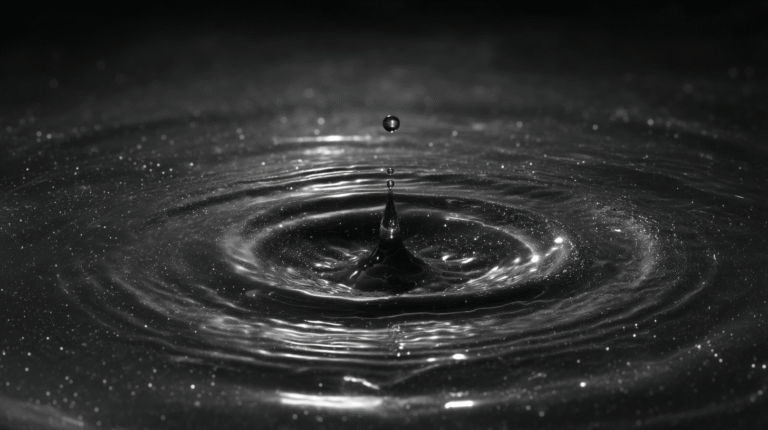god view minimalist shot of obsidian-black circular water puddle, raindrops falling at golden ratio intervals (0.618s), ripple edges mutating into Mandelbrot fractal coastlines upon boundary contact, final droplet suspended 1μm above surface with quantum tunneling corona effect, hyper-detailed fluid simulation in monochrome mercury-silver palette, anamorphic bokeh streaks refracting inverted classroom constellations, shot on ARRI Alexa 65 with Laowa 24mm Probe lens at 1000fps