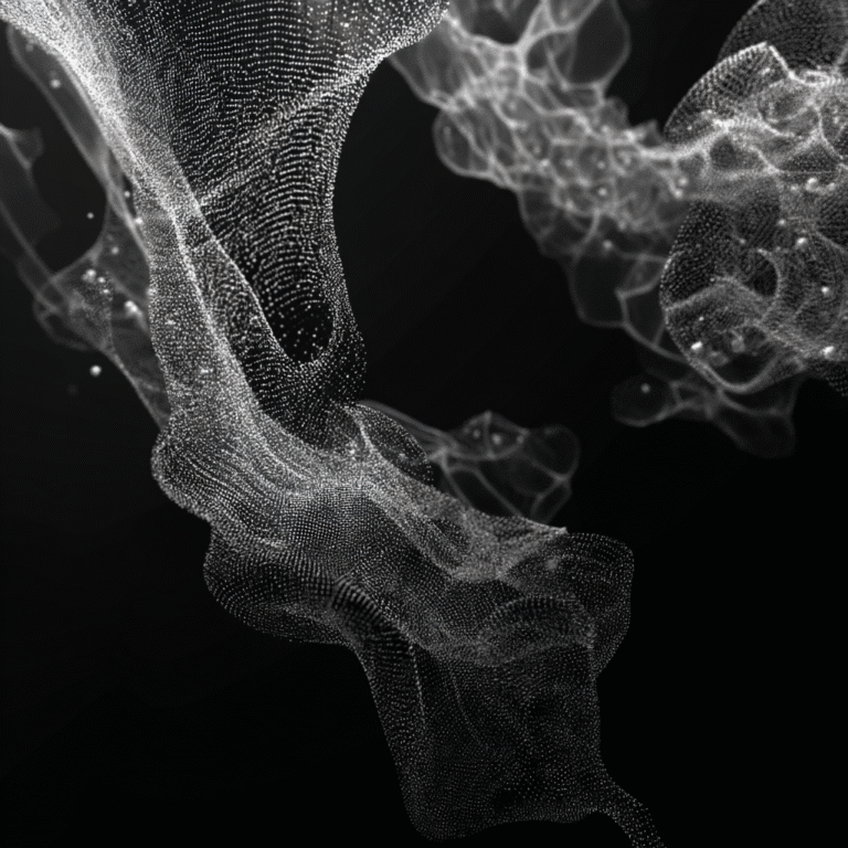 3w living voxel mesh field composed of semi-translucent lattice threads; emotional presence modulates local voxel densities, causing shifting patterns of breath pressure folds