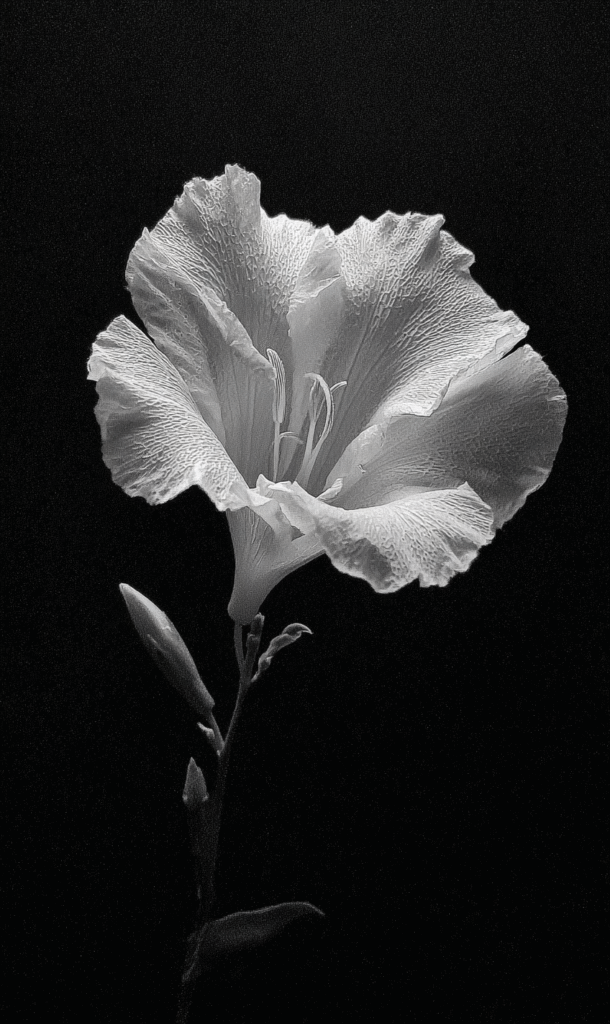 6d In front of a pitch - black background, a single white flower stands quietly with its petals fully unfurled. The petals are in irregular shapes, perhaps with subtle serrations or curls at the edges, and their surfaces have delicate and unique textures, as if telling a special story. The stamen part has a distinctive shape, maybe composed of some strange lines or forms, setting off the petals.