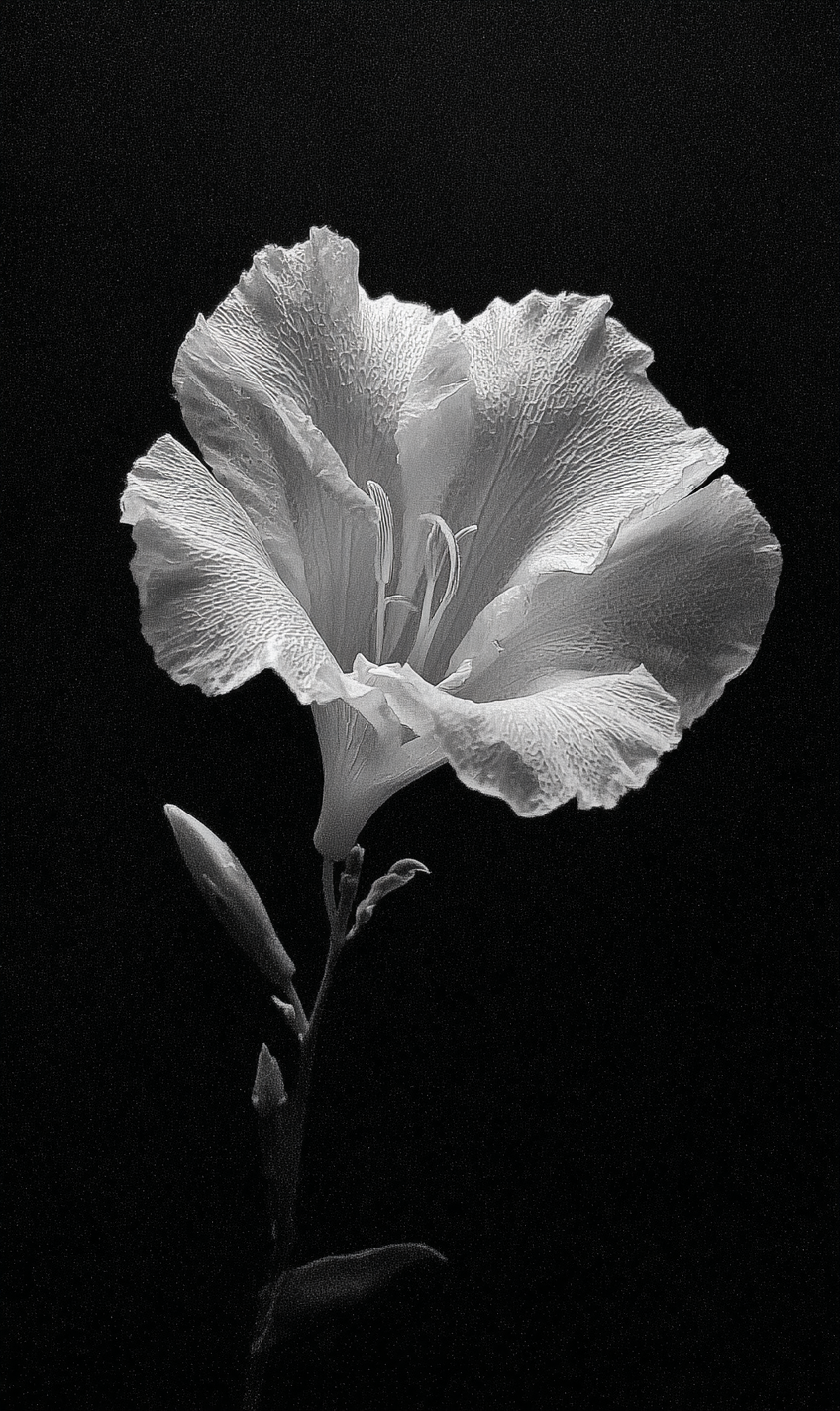 6d In front of a pitch - black background, a single white flower stands quietly with its petals fully unfurled. The petals are in irregular shapes, perhaps with subtle serrations or curls at the edges, and their surfaces have delicate and unique textures, as if telling a special story. The stamen part has a distinctive shape, maybe composed of some strange lines or forms, setting off the petals.