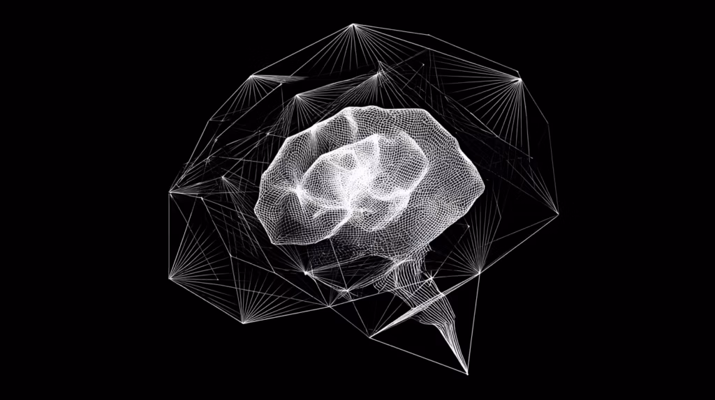 3w bstract geometric brain with nested smaller brains inside, minimalist line art, monochrome, clean black background, dynamic shapes, 2D, dark tone, monochrome, white vector illustration, only outlines, perfect outlines, perfect line art, perfect lines, epic scene, ultra detail, High Quality