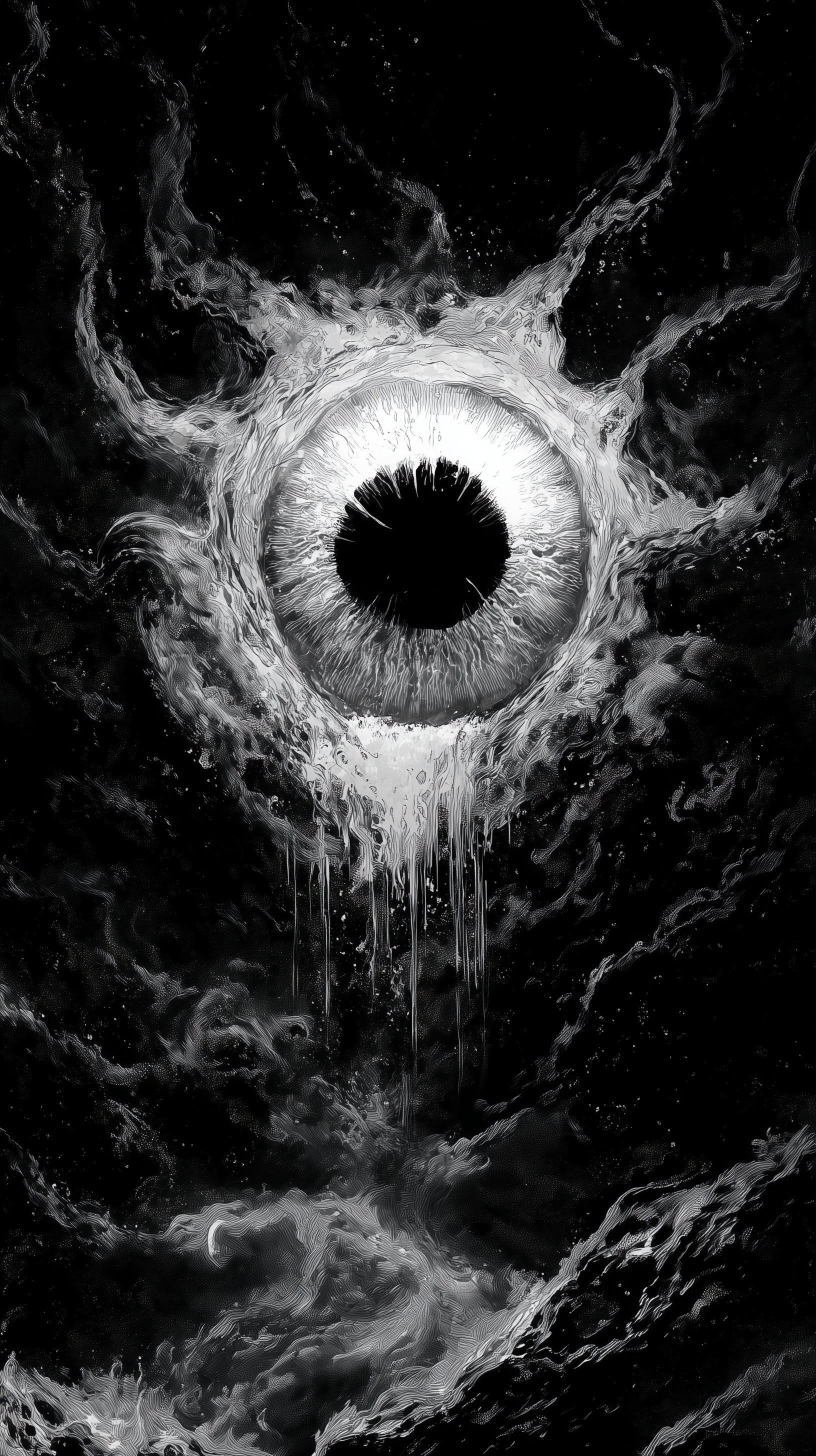 the giant evil white eye of Daoloth the Outer God, cosmic horror, emerging from black waters, heavily stylized