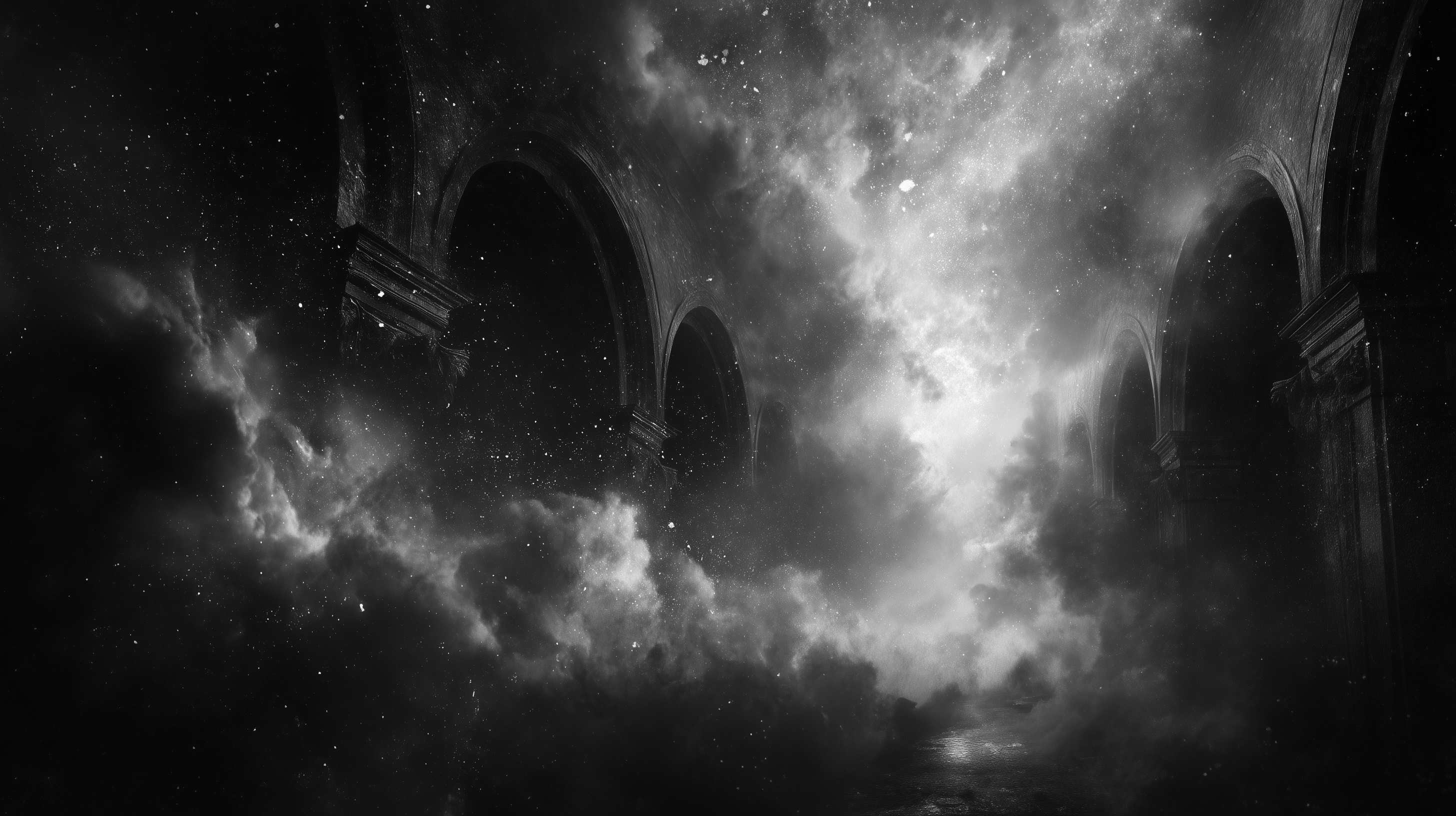 4w ancient dark void before creation, no light, vast celestial emptiness, mystical fog, cosmic dust, gothic fantasy