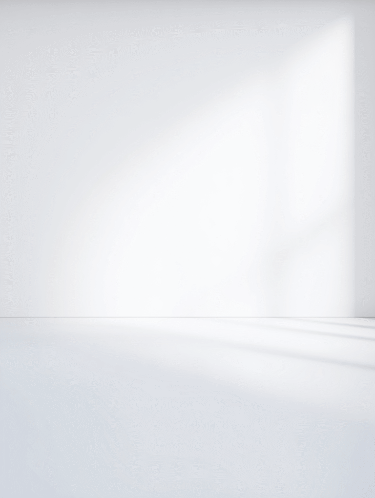 a white studio background, ultra clean. There are no hard shadows or lines in the image, yet get get a sense of volume. We can tell where the floor is, and where it meets the wall - but just barely. The light source comes from top left, although the whole background is well lit.