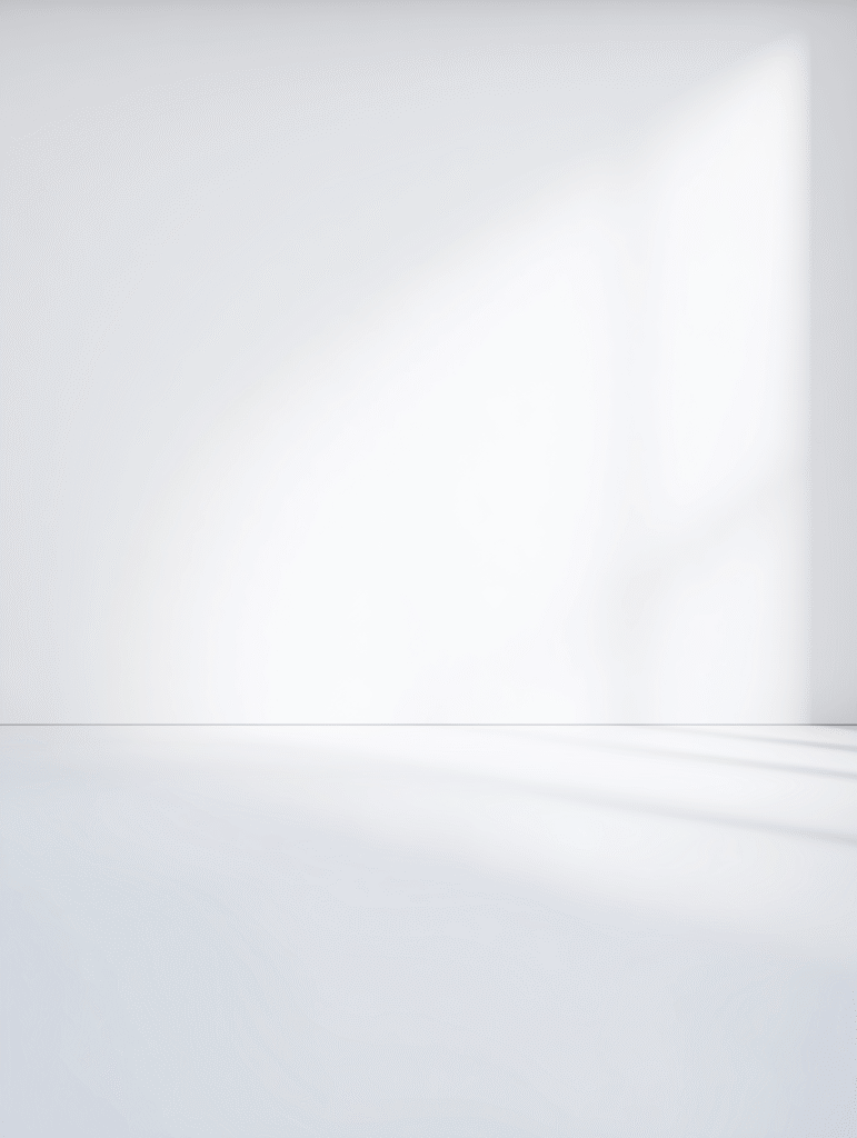 a white studio background, ultra clean. There are no hard shadows or lines in the image, yet get get a sense of volume. We can tell where the floor is, and where it meets the wall - but just barely. The light source comes from top left, although the whole background is well lit.