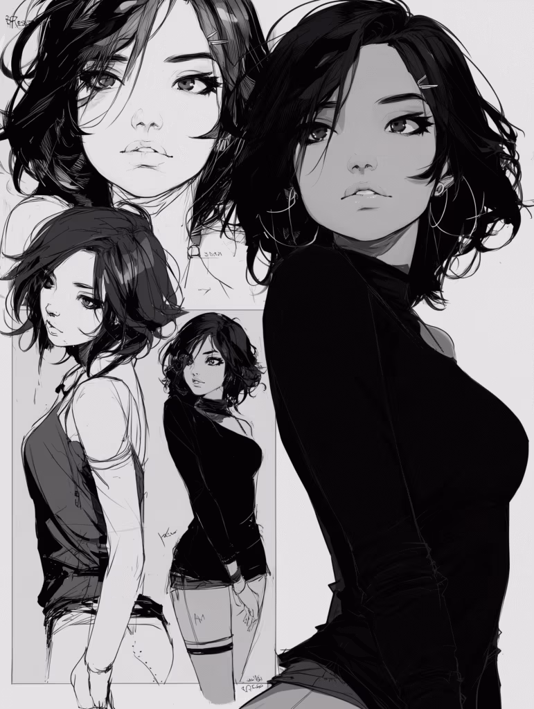 concept art, black and white sketch, drawing, simple art, line work, line art, digital, young adult female, wavy black hair, emo, eyeliner, character design sheet, description of character, introduction sheet, close up of face and also full body, two drawings of her