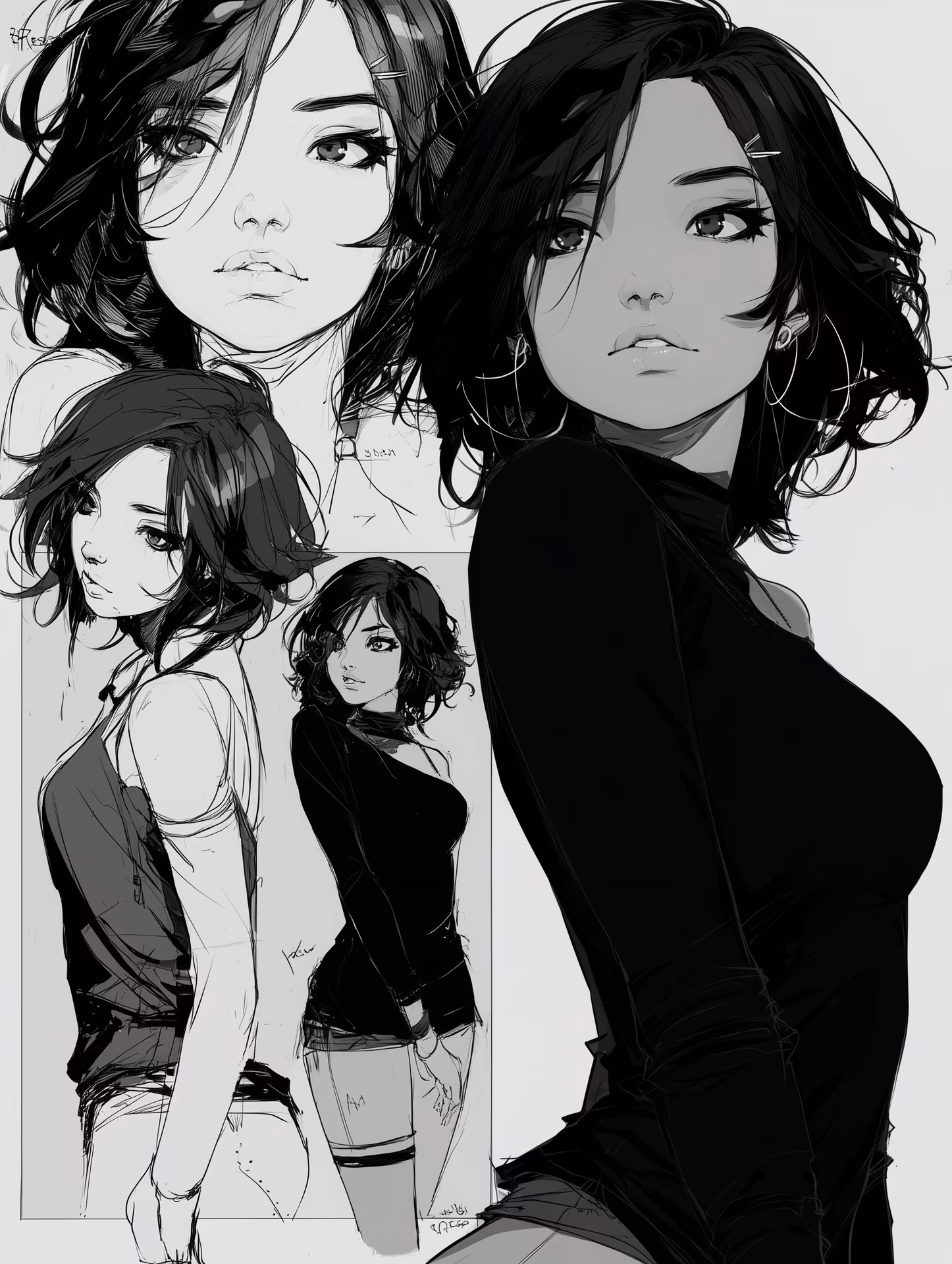 concept art, black and white sketch, drawing, simple art, line work, line art, digital, young adult female, wavy black hair, emo, eyeliner, character design sheet, description of character, introduction sheet, close up of face and also full body, two drawings of her