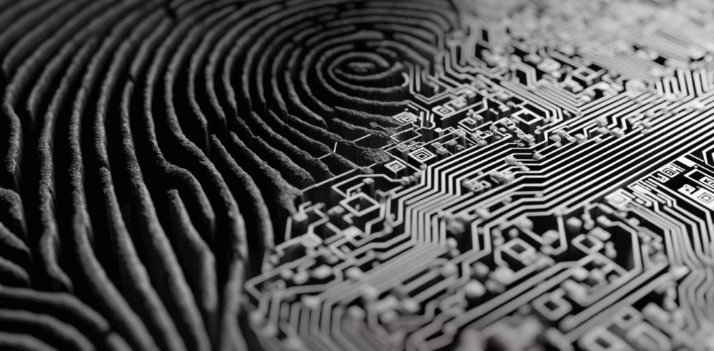 An abstract black and white image showing human fingerprints gradually transforming into circuitry patterns and QR-like codes. The composition flows from organic swirls on one side to rigid geometric patterns on the other, with a gradient transition zone in between. Shot from directly above with microscopic detail, extreme close-up showing the texture where human identity meets digital categorization. Harsh spotlight creating dramatic shadows in the circuit patterns. Film grain texture throughout. No text or typography.