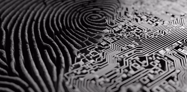 An abstract black and white image showing human fingerprints gradually transforming into circuitry patterns and QR-like codes. The composition flows from organic swirls on one side to rigid geometric patterns on the other, with a gradient transition zone in between. Shot from directly above with microscopic detail, extreme close-up showing the texture where human identity meets digital categorization. Harsh spotlight creating dramatic shadows in the circuit patterns. Film grain texture throughout. No text or typography.