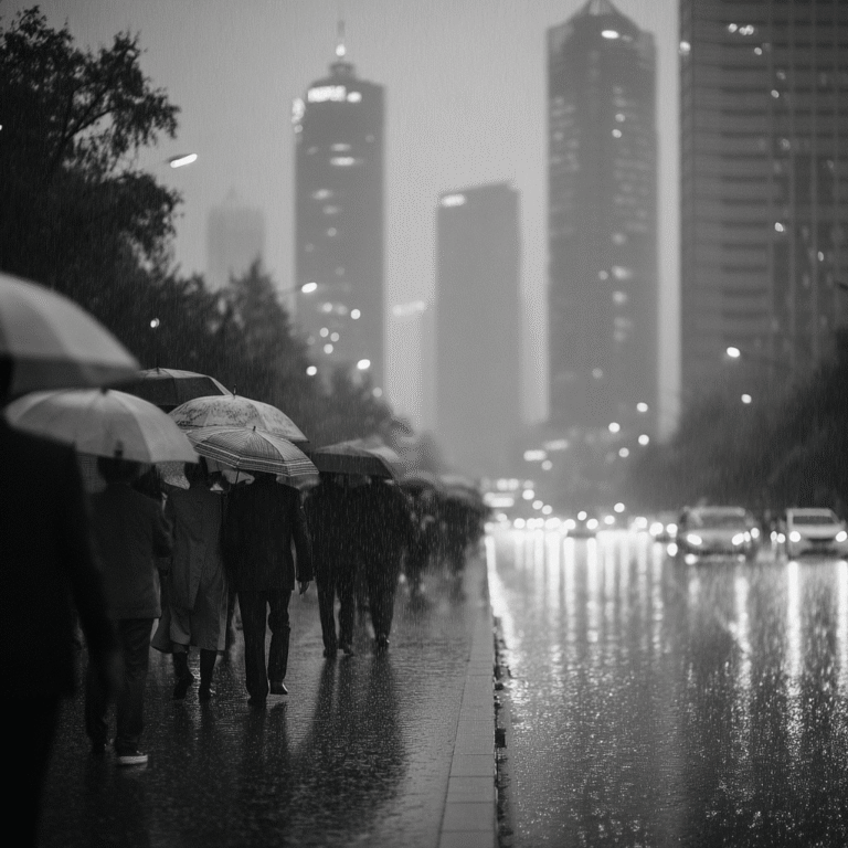 In late May, in the city of Hangzhou, at half-past five in the afternoon, the streets are drenched in continuous rain, with towering office buildings lining the damp streets; glass curtain walls reflect the gray sky. A group of expressionless and weary office workers, holding various umbrellas and dressed in dark professional attire, hurriedly walk along the sidewalk with heavy steps, the air filled with dampness and desolation. The streets are slippery, the streetlights have just turned on, and in the background, there are blurred car taillights and hazy distant buildings. The overall atmosphere is oppressive and realistic, with rich details, a realistic style, high definition, and cinematic lighting.