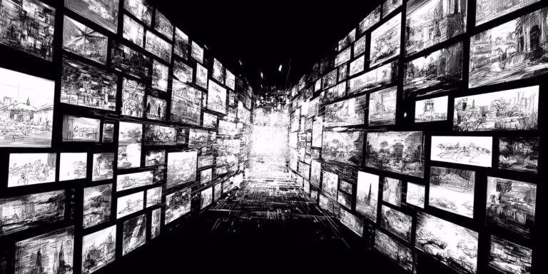 Black and white hand-drawn storyboard line sketch, special effects, countless film clip images glow and converge towards the middle