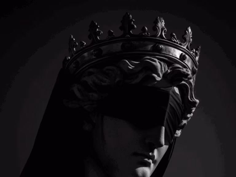 Black-and-white photography of an elegant statue wearing a cloth with a crown, in the style of Ridley Scott.