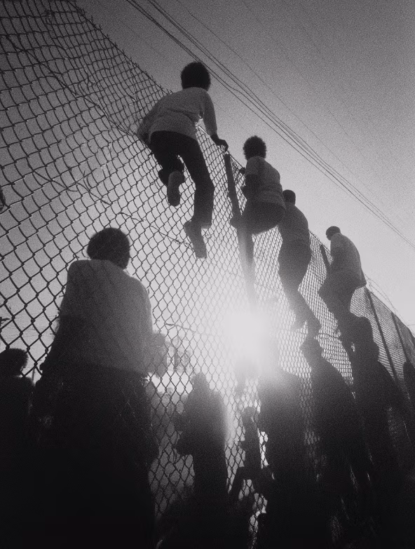 a group of young people climbing a tall chain-link fence, dramatic black and white street photography, 1960s American urban setting, documentary style, strong grain, high contrast, Kodak Tri-X 400 film look, wide angle lens, dynamic composition, backlighted silhouettes, captured in motion