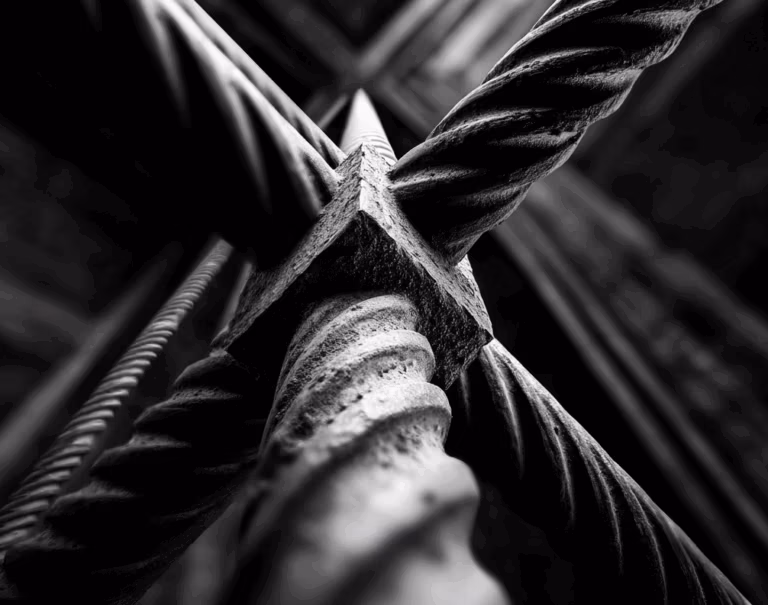 The picture is full of geometric tension, A black and white photograph of steel, harsh rebar in the corner of an iconic building. Architectural photography with high contrast, high resolution, and high detail. Cinematic in style.