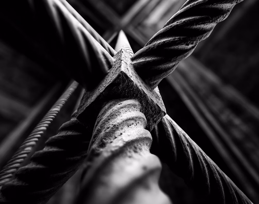 The picture is full of geometric tension, A black and white photograph of steel, harsh rebar in the corner of an iconic building. Architectural photography with high contrast, high resolution, and high detail. Cinematic in style.