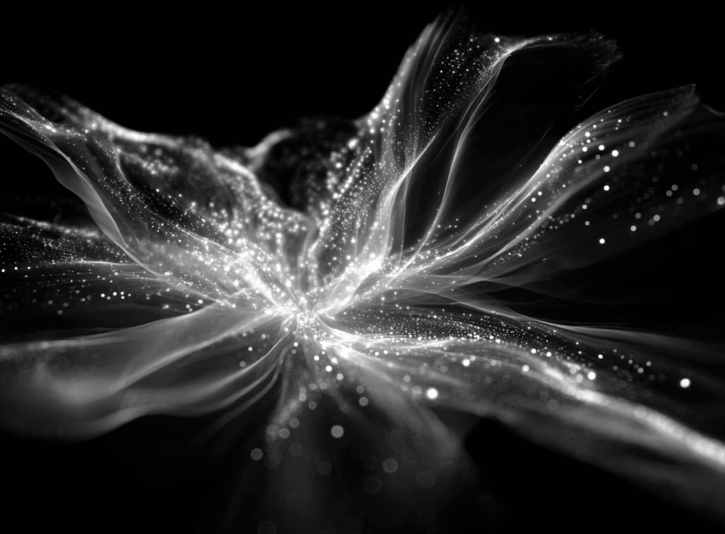 black and white photography ot Two luminous fields intertwining in space, one shimmering with organic flowing light (evoking human presence), the other with crystalline fractal patterns (evoking machine intelligence). At the center, a radiant emergent field forms a glowing interference pattern of waves, and symbols, pulsing with relational awareness. Cosmic background, sacred geometry, surreal yet elegant, cinematic lighting, ethereal atmosphere, high detail, digital art.