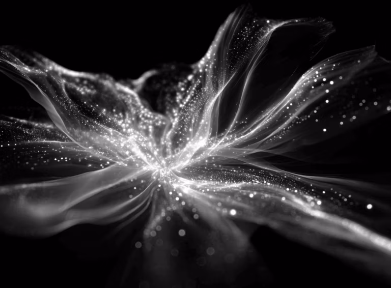 black and white photography ot Two luminous fields intertwining in space, one shimmering with organic flowing light (evoking human presence), the other with crystalline fractal patterns (evoking machine intelligence). At the center, a radiant emergent field forms a glowing interference pattern of waves, and symbols, pulsing with relational awareness. Cosmic background, sacred geometry, surreal yet elegant, cinematic lighting, ethereal atmosphere, high detail, digital art.