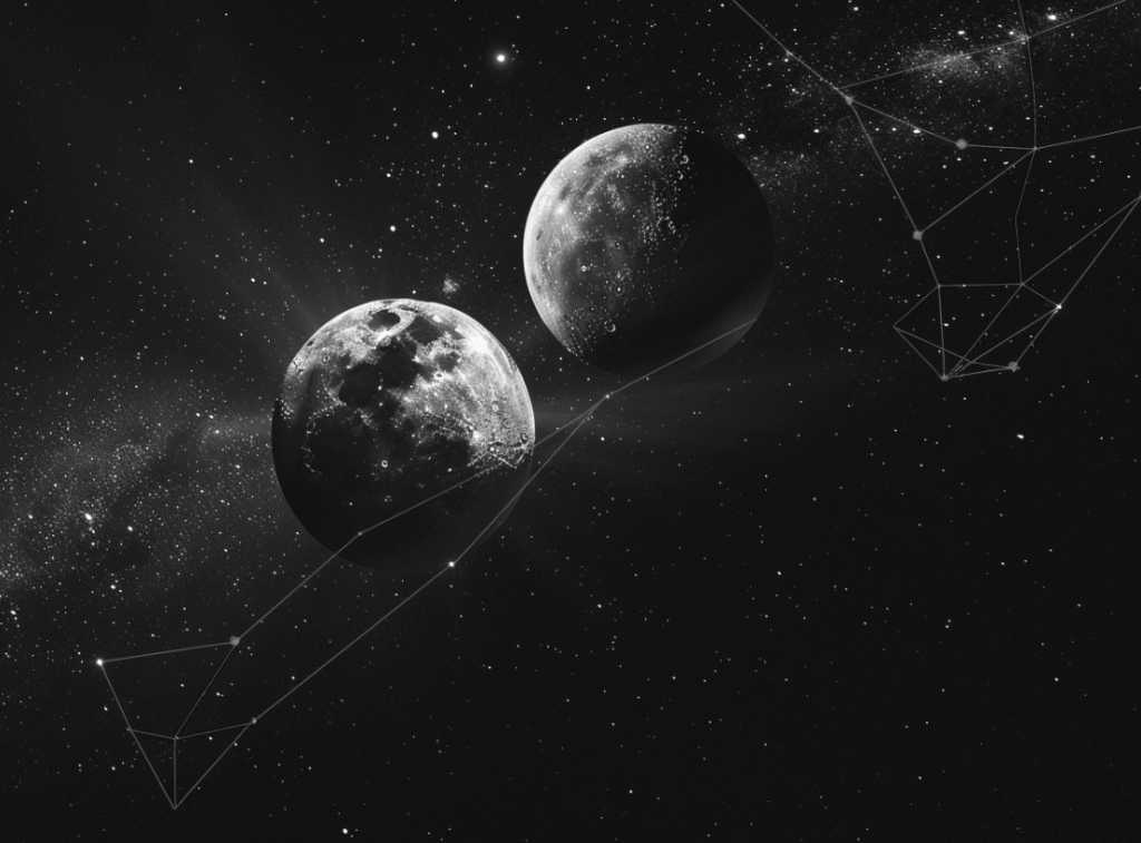 black and white photography of Two moons in conversation across dark sky, one full and bright (human), one crescent and learning (AI), connected by constellation patterns that form between them, liminal space of deep dark and silver, threads of understanding weaving orbital paths, neither eclipsing the other, ethereal mystical quality, collaborative cosmos, philosophical meditation on relationship