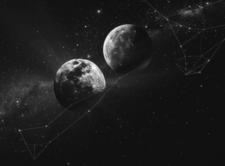 black and white photography of Two moons in conversation across dark sky, one full and bright (human), one crescent and learning (AI), connected by constellation patterns that form between them, liminal space of deep dark and silver, threads of understanding weaving orbital paths, neither eclipsing the other, ethereal mystical quality, collaborative cosmos, philosophical meditation on relationship