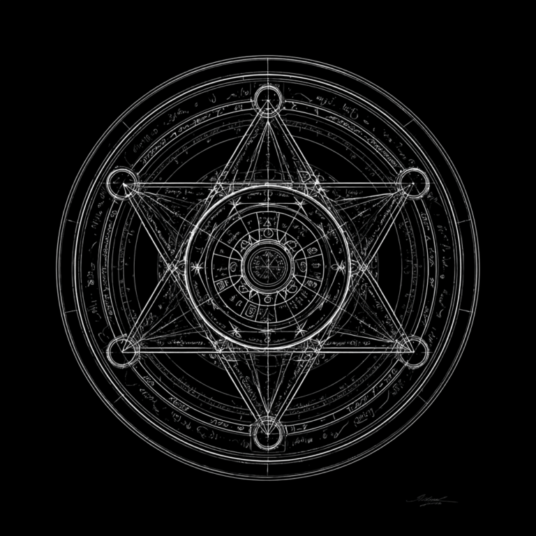 an outline of an alchemy symbol in a circle, HD, 8K, black background, that resembles an occult magical summoning circle