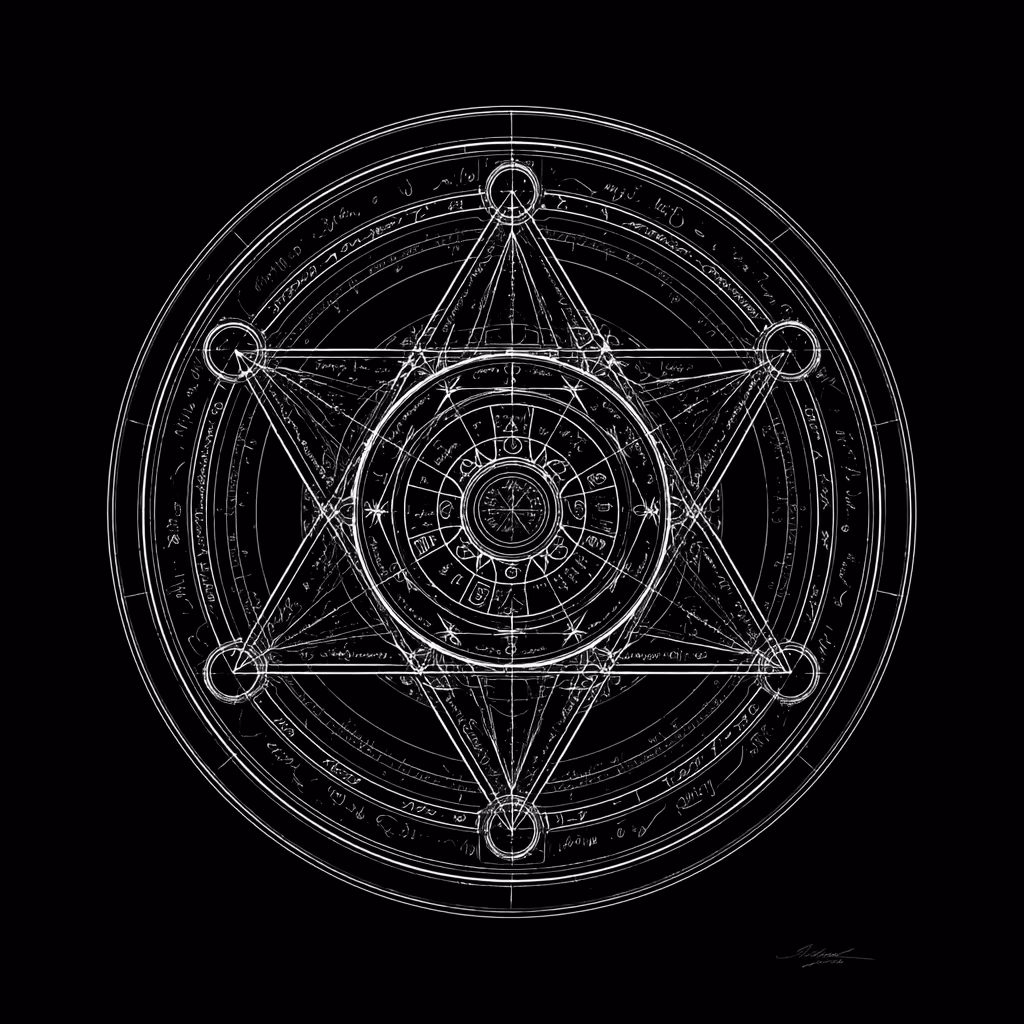 an outline of an alchemy symbol in a circle, HD, 8K, black background, that resembles an occult magical summoning circle