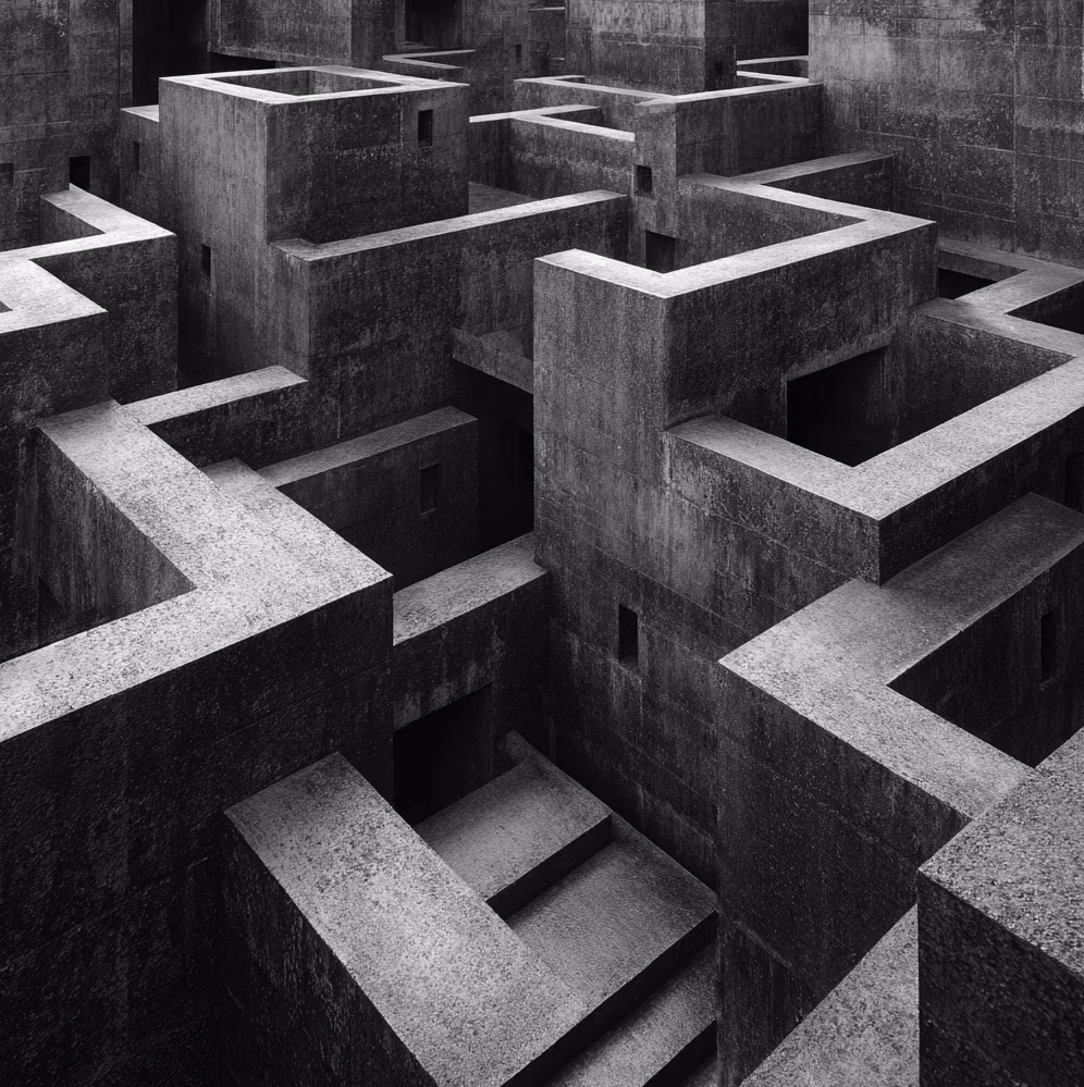 a large, complex concrete hyper realistic maze.