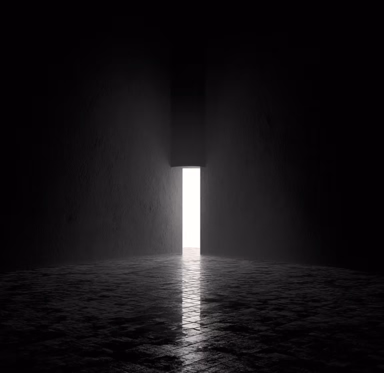 In the darkness, there is a glowing door in the middle of the picture