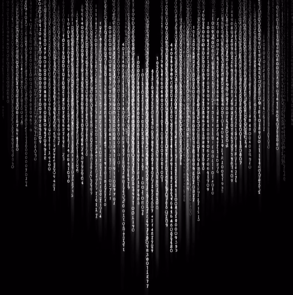 Create an image of white matrix codes raining down on a black background with repeating angel numbers have the numbers form a heart shape