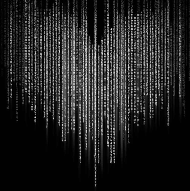 Create an image of white matrix codes raining down on a black background with repeating angel numbers have the numbers form a heart shape